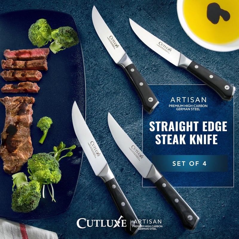 Cutluxe Steak Knives Set of 4, Straight Edge Steak Knife Set â€“ Forged High Carbon German Steel, Full Tang, Ergonomic Handle Design â€“ Artisan Series - Image 4